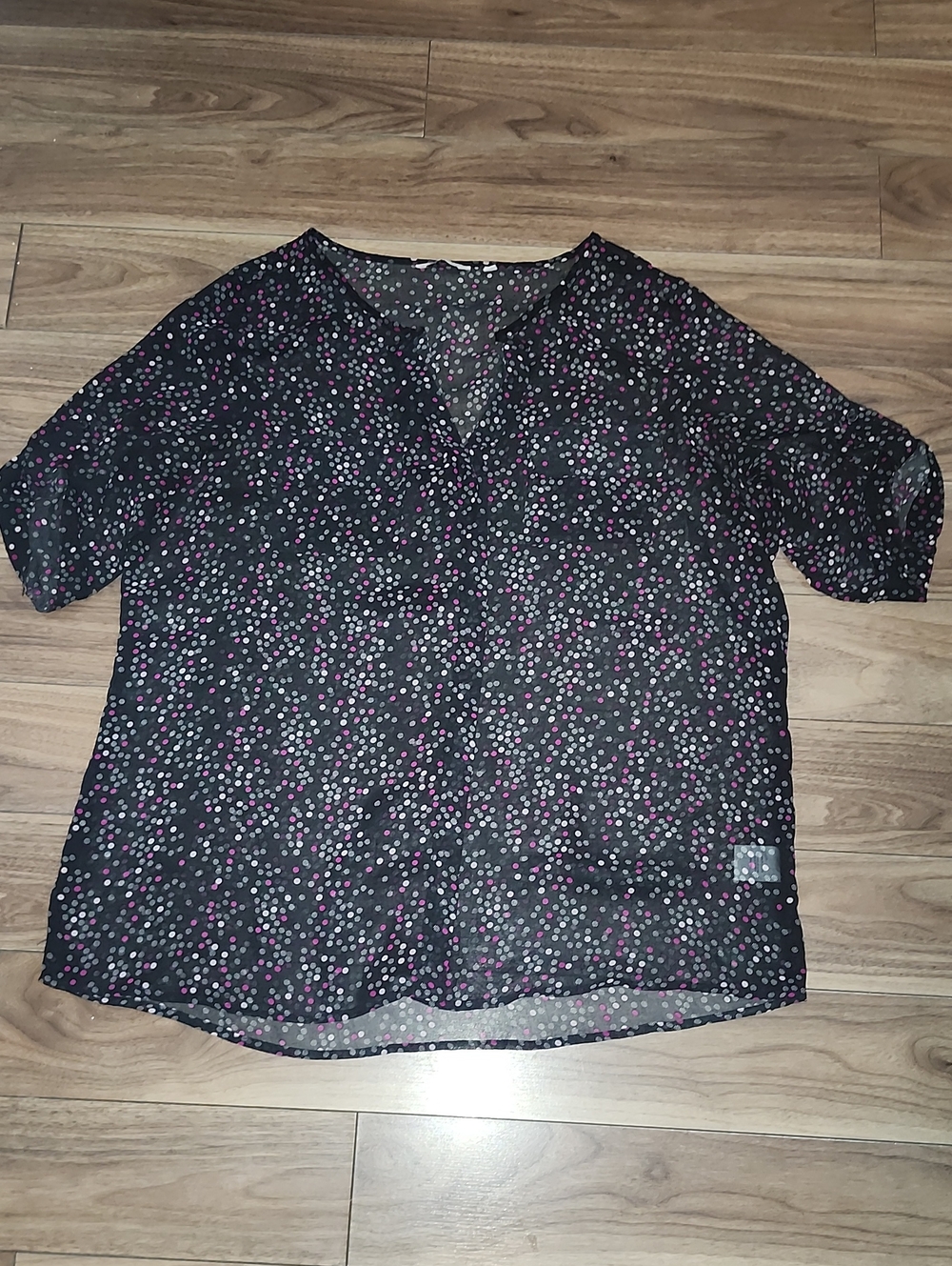 XL Reitmans Black Polka Dot Blouse with Pink and White Dots